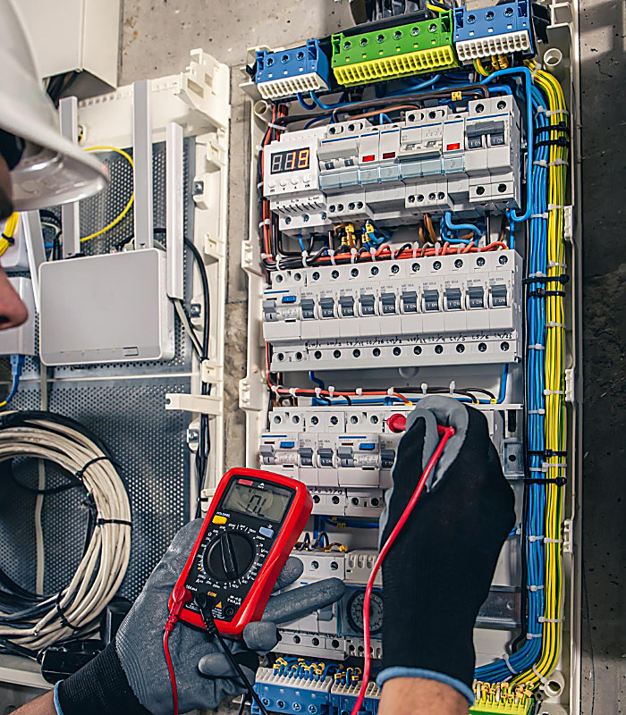 Elektroinstallateur bei Planung und Prüfung eines Schaltschranks