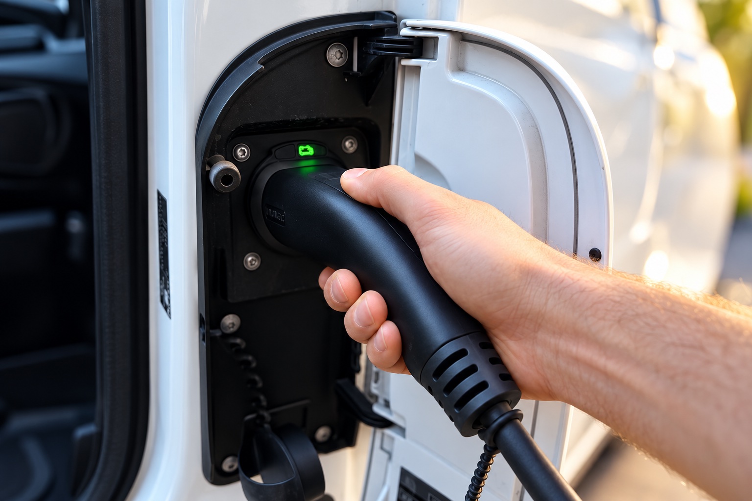 Ladestecker wird in ein Elektrofahrzeug gesteckt