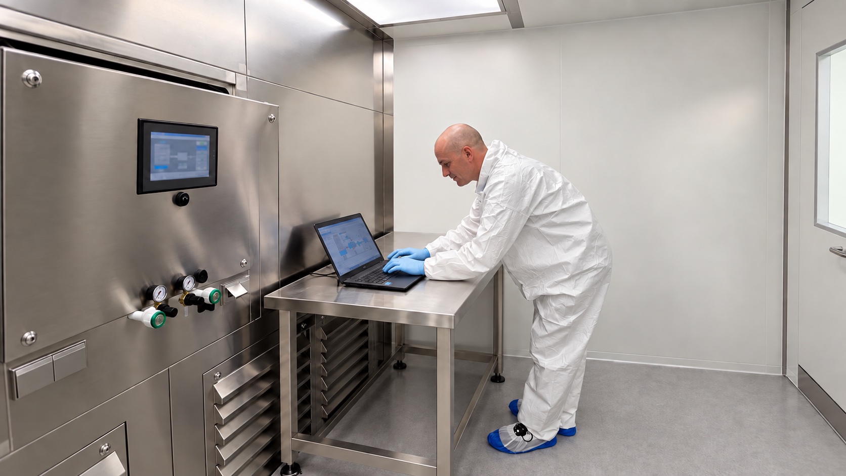 Techniker programmiert eine Steuerung an einer Anlage im Reinraum